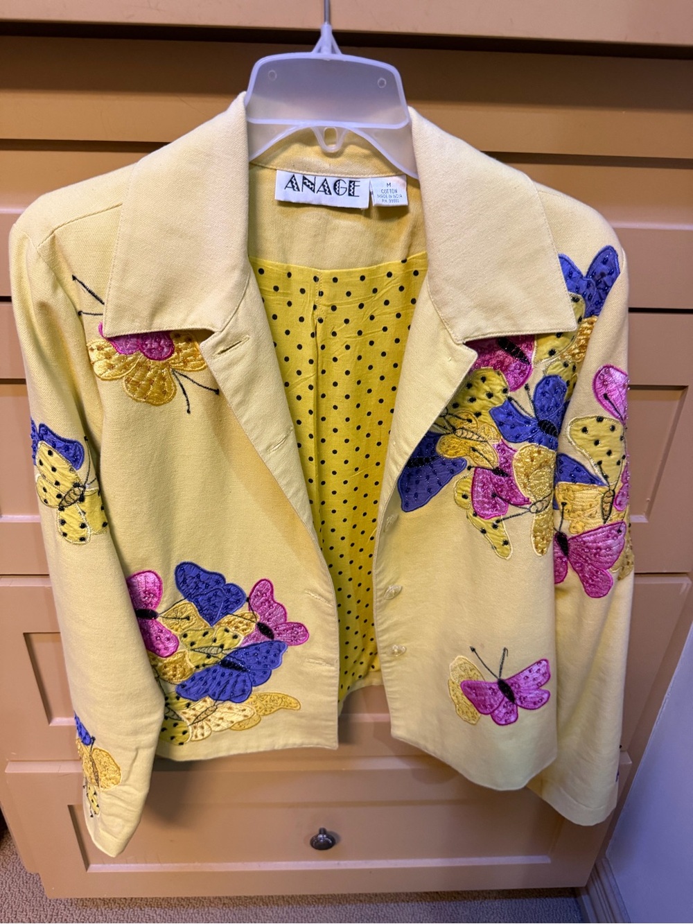 Anage Yellow Jacket with Pink, Blue & Gold Butterfly Embroidery